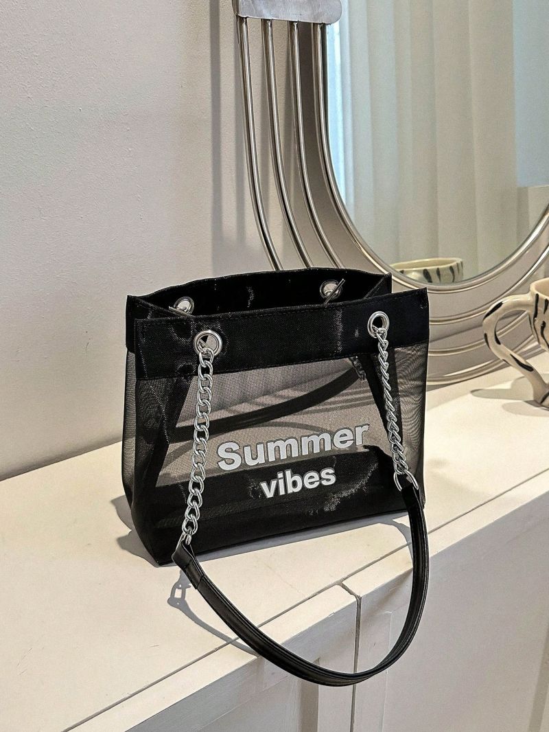 Letter Graphic Square Bag Clear Mesh Panel Double Handle No-closure Fashion