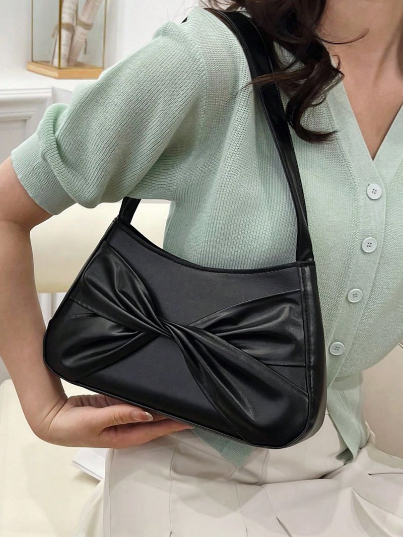 PU Baguette Bag Twist Decor Black Elegant