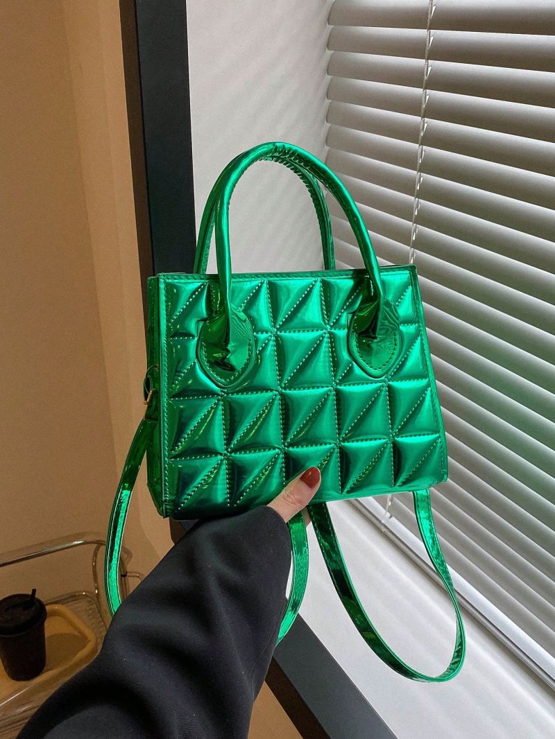 Metallic Square Bag Funky Quilted Detail Double Handle PU