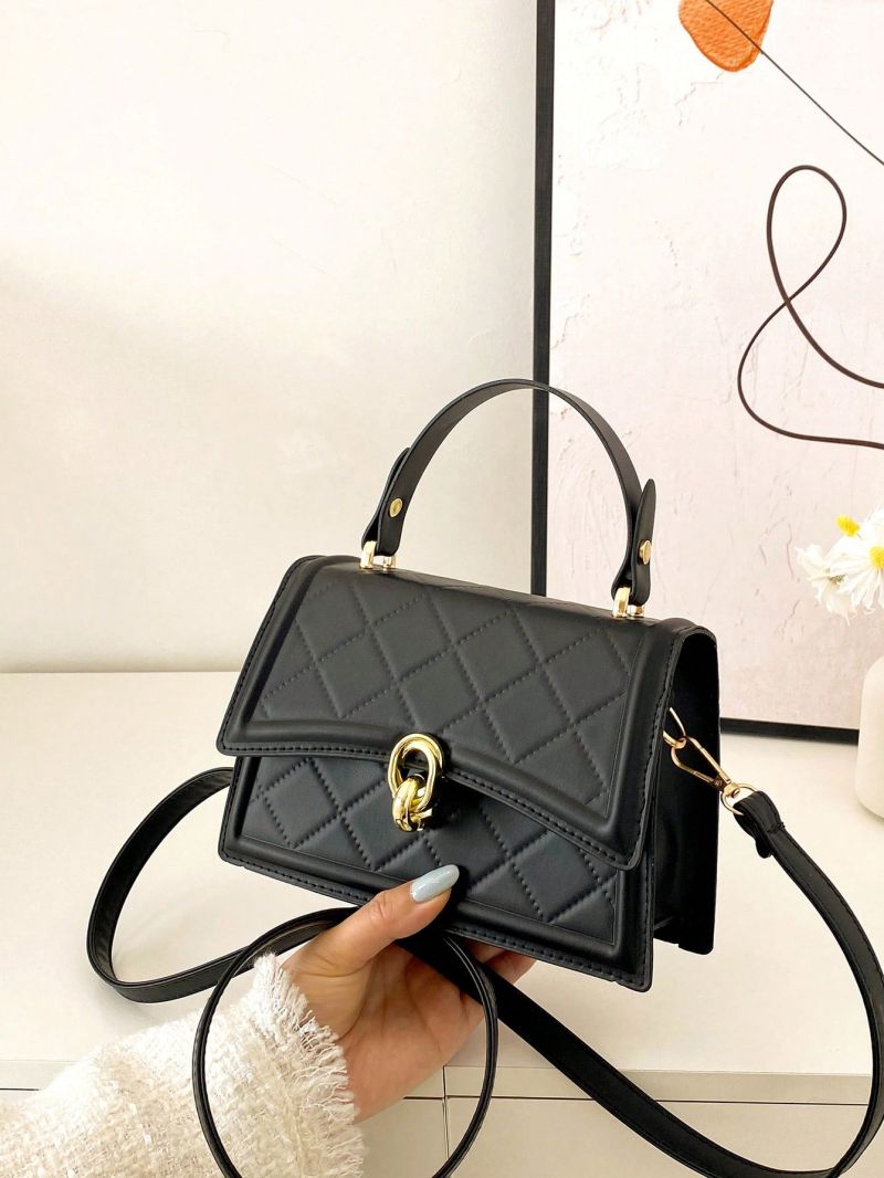 Plaid Embossed Flap Square Bag Fashionable Metal Lock Top Handle PU