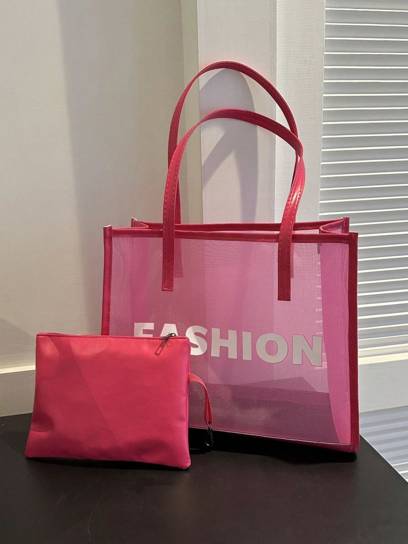 Fashionable & Versatile Tote Bag Double Handle Mesh Design With Small Pouch