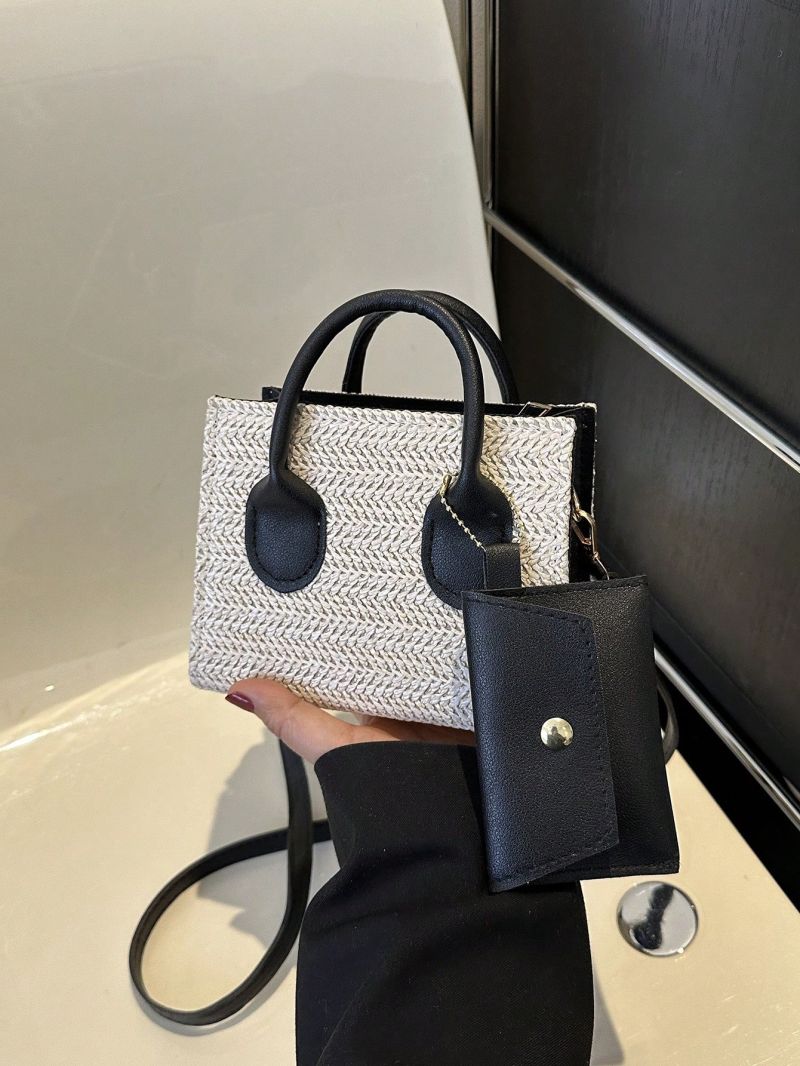 Mini Straw Bag With Coin Purse Vacation Double Handle PU
