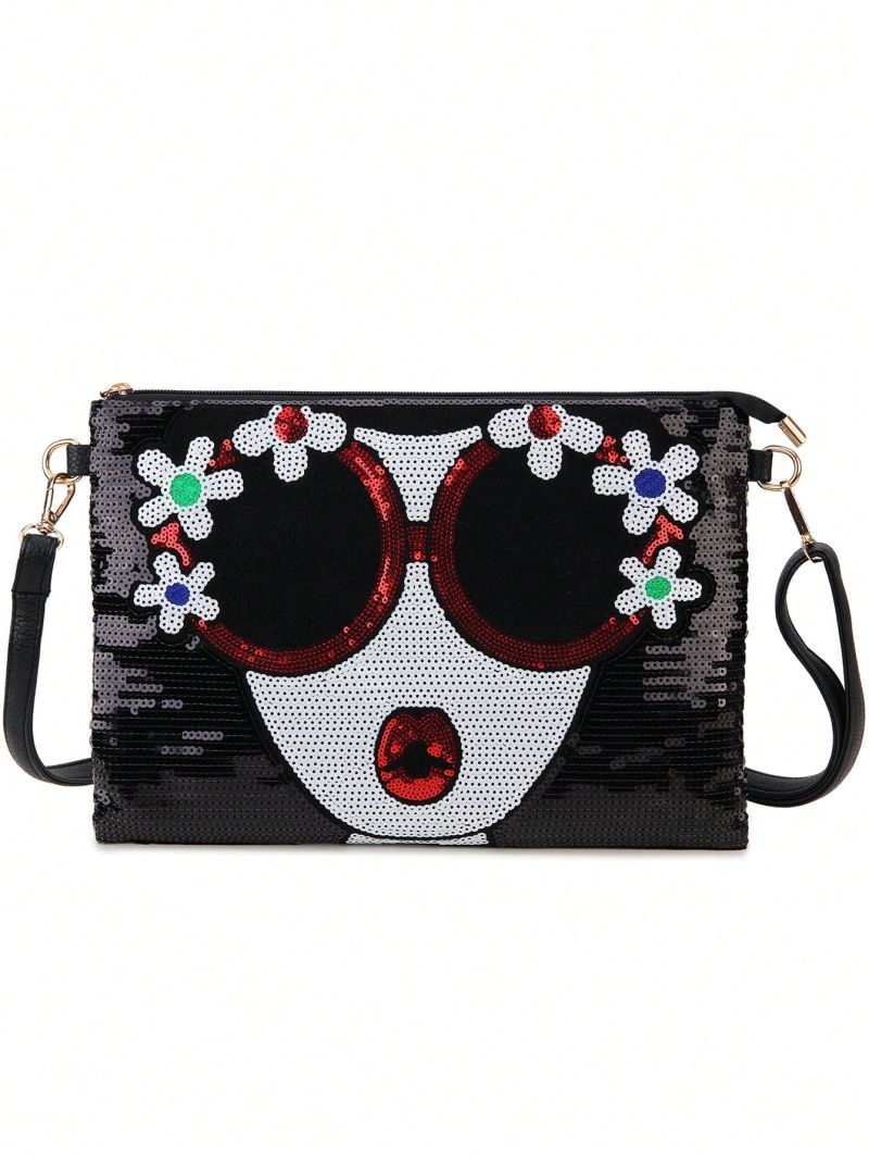 Fashion Sequin Flower Lady Face Purse For Women Casual Envelope Bag Clutch Crossbody Bag