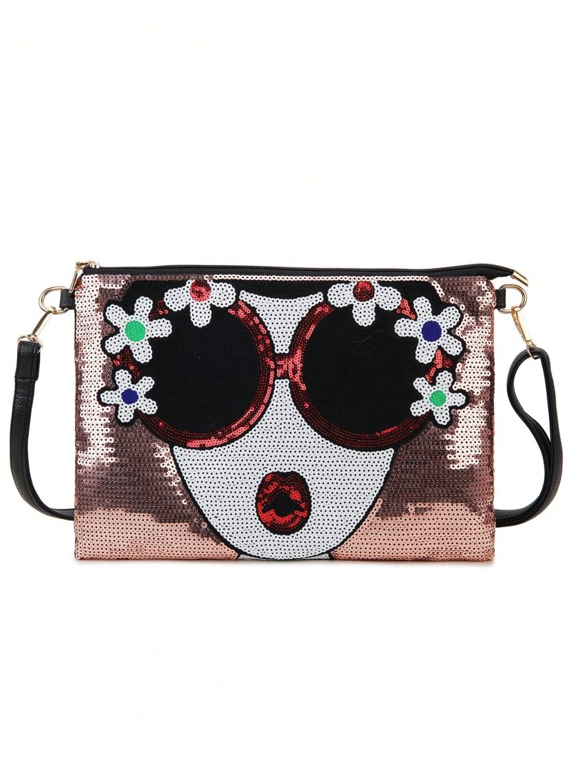 Fashion Sequin Flower Lady Face Purse For Women Casual Envelope Bag Clutch Crossbody Bag