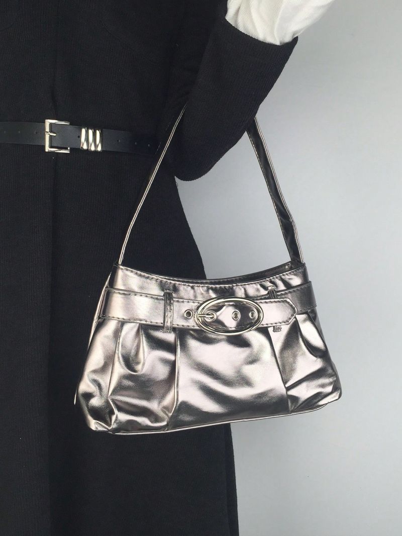 Eyelet & Buckle Decor Ruched Bag Metallic PU Funky