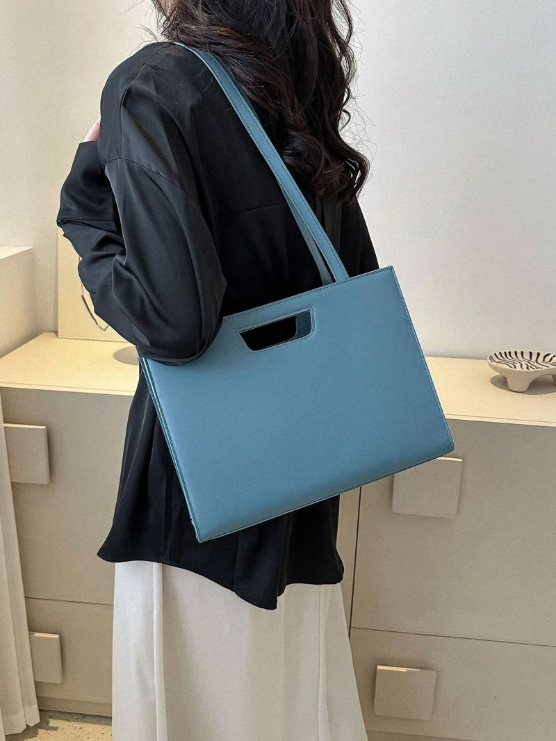 Blue Shoulder Tote Bag PU Minimalist Zipper