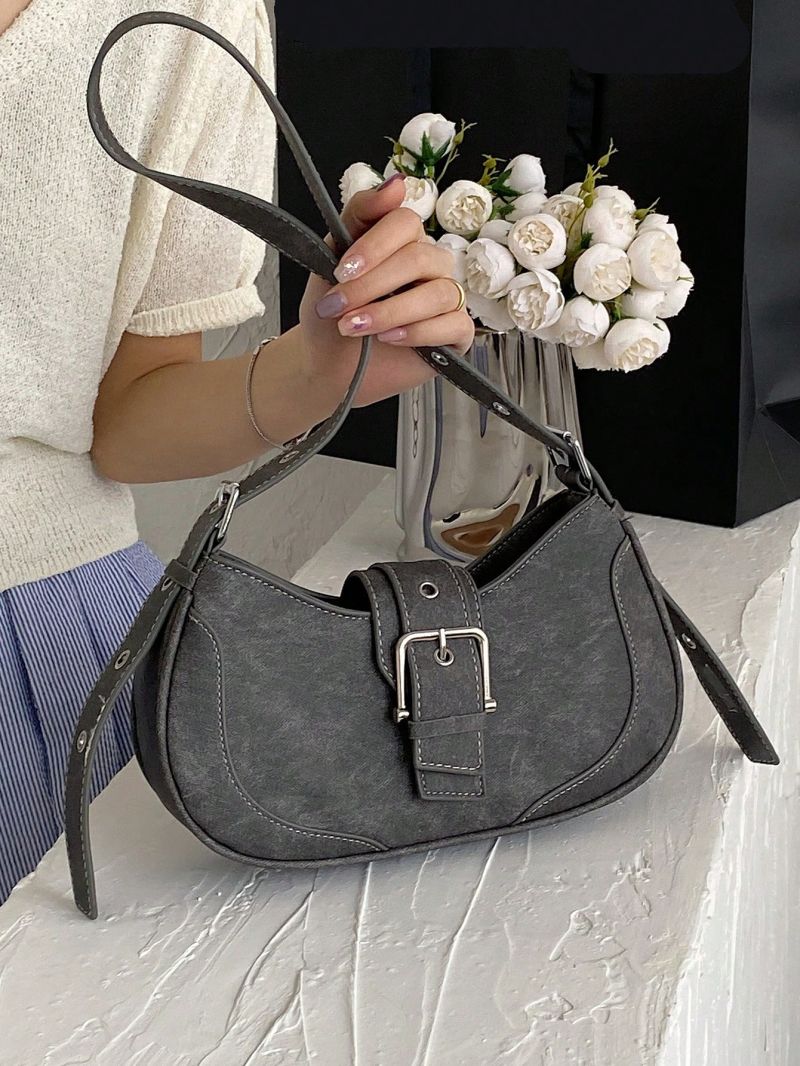 Gray Hobo Bag Fashionable Buckle Decor Adjustable Strap Polyester