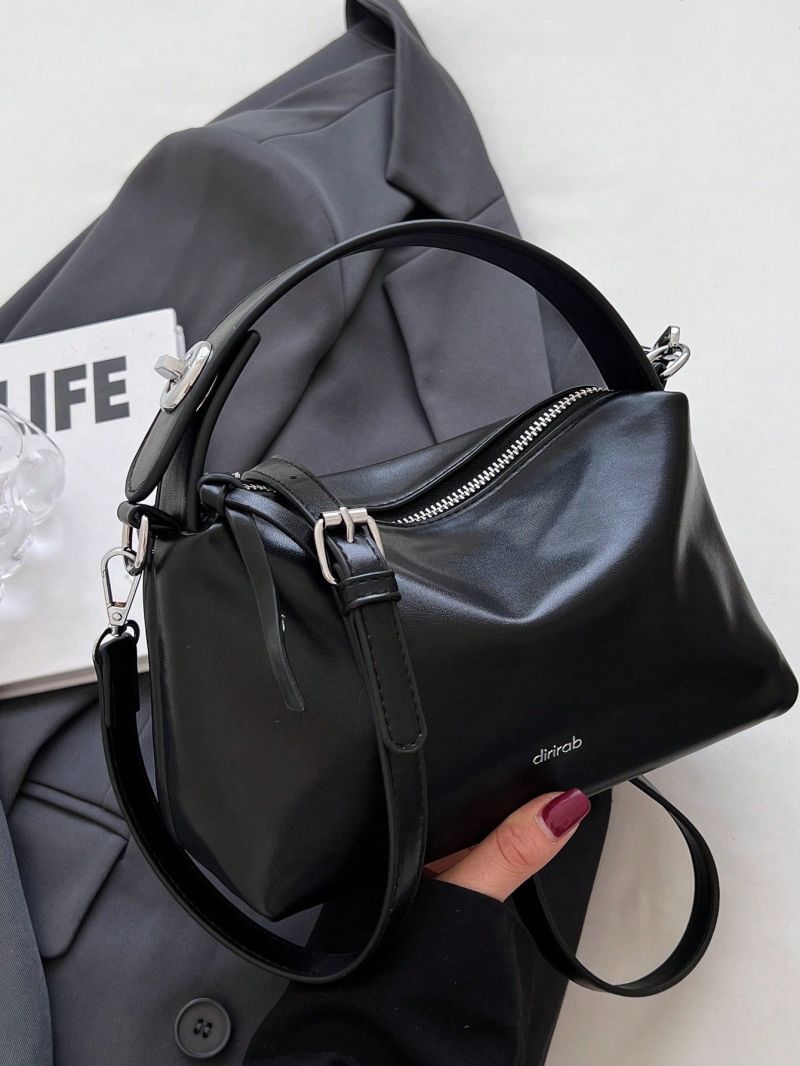 Black Hobo Bag Fashionable Letter Graphic Top Handle Zipper PU