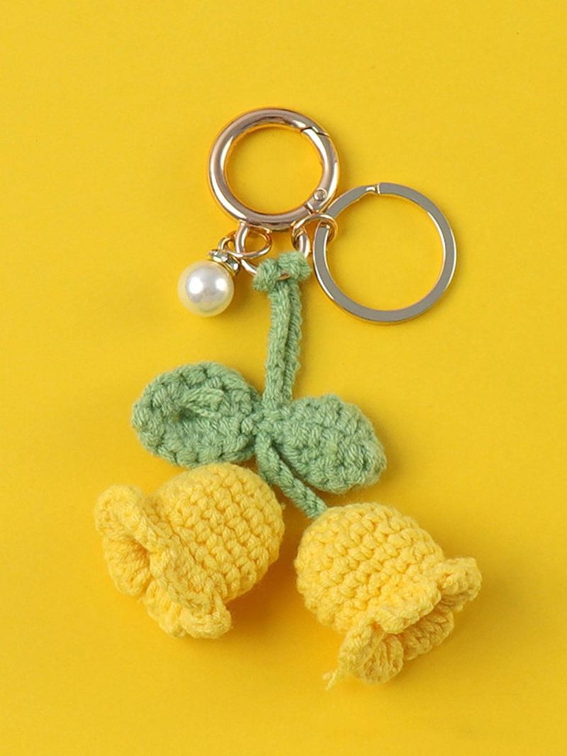 Knitted Crocheted Flower Keychain Pearl Key Ring Backpack Bag Decorative Pendants Jewelry Gift