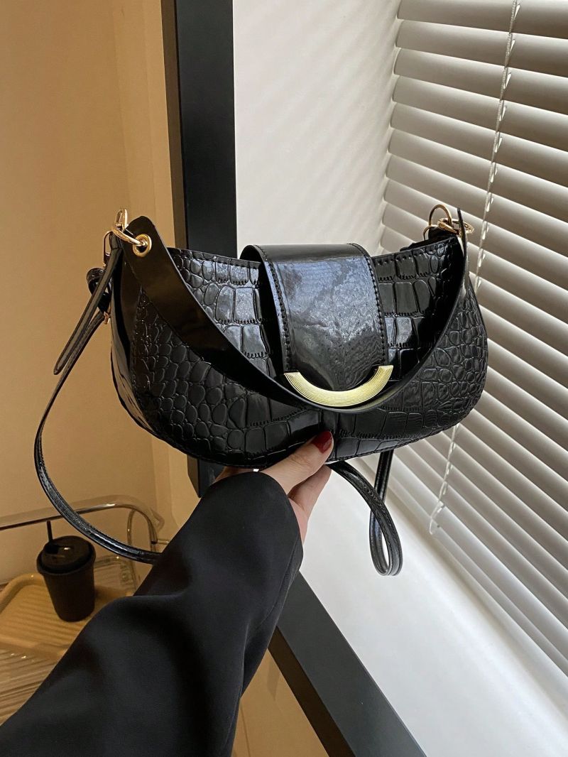 Crocodile Embossed Metal Decor Hobo Bag Fashion Black