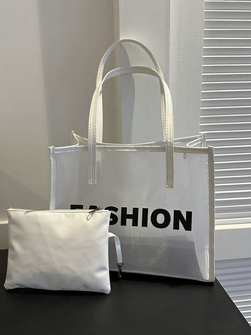 New Women's Mesh Print Letter Tote Bag With Inner Pouch