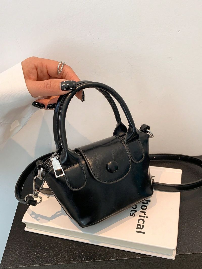 Mini Bucket Bag Double Handle Zipper Black PU Minimalist