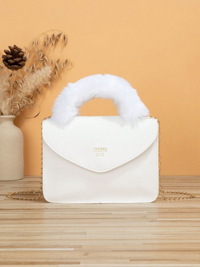 Mini Square Bag Fuzzy Decor Top Handle Flap PU Fashionable