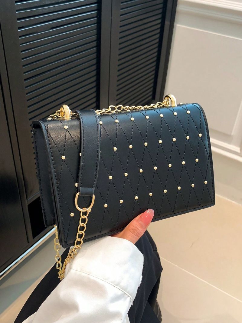 Mini Studded Decor Flap Square Bag Fashion Black