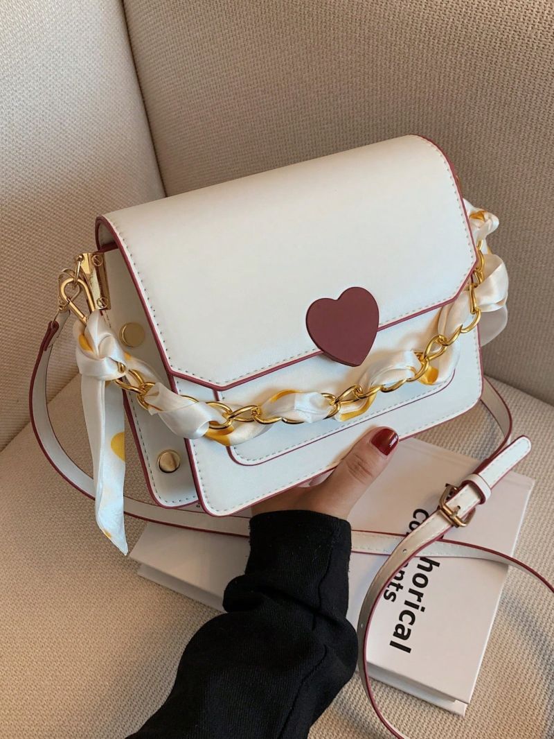 Fashion Flap Shoulder Bag, Women's Buckle Decor Crossbody Purse With Wide Strap Heart Decor