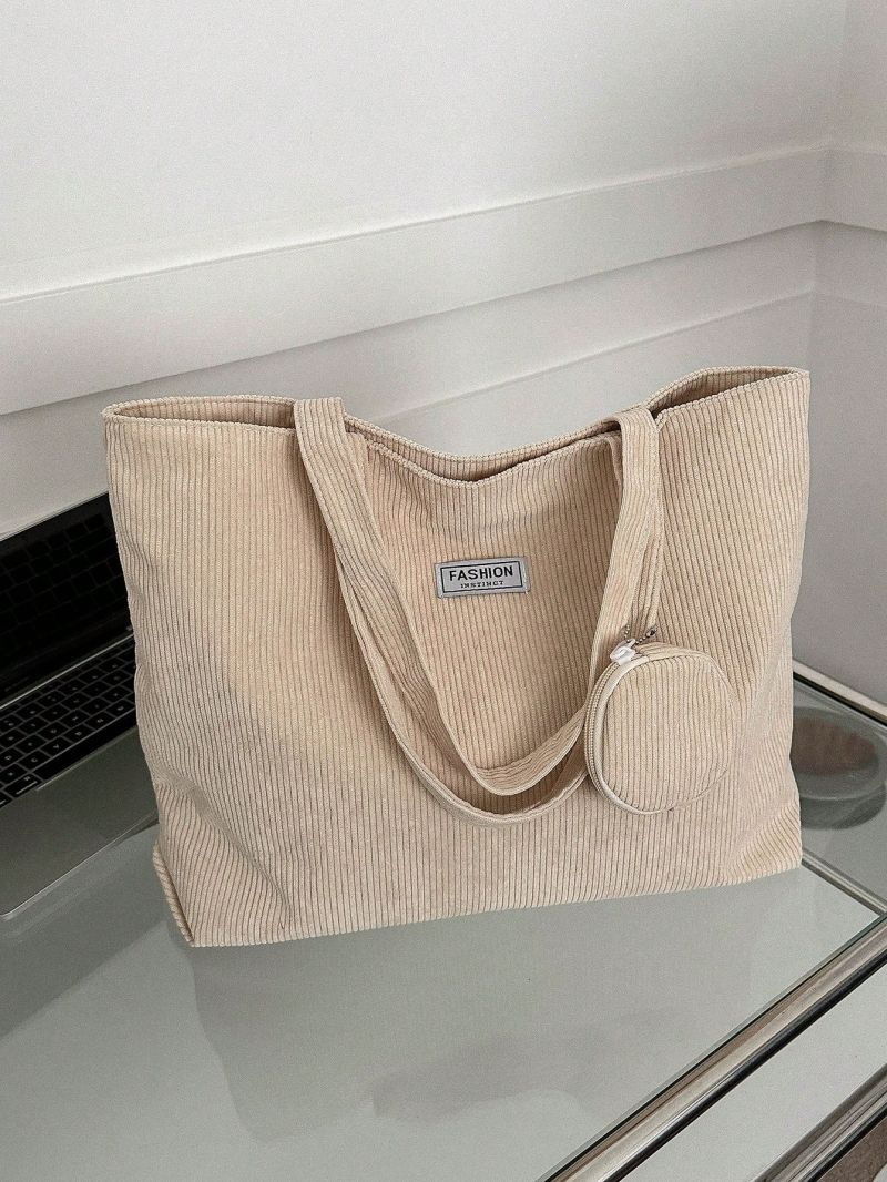 Letter Patch Decor Corduroy Shopper Bag With Coin Purse