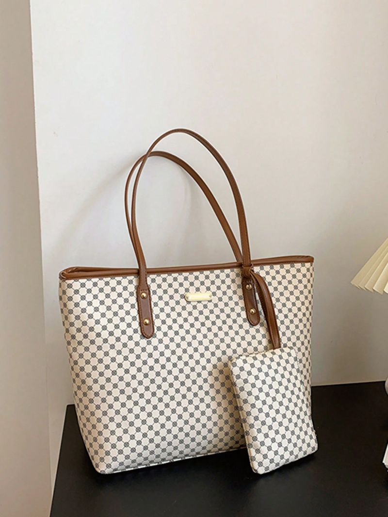 Geometric Pattern Shoulder Tote Bag Brown Fashionable With Purse