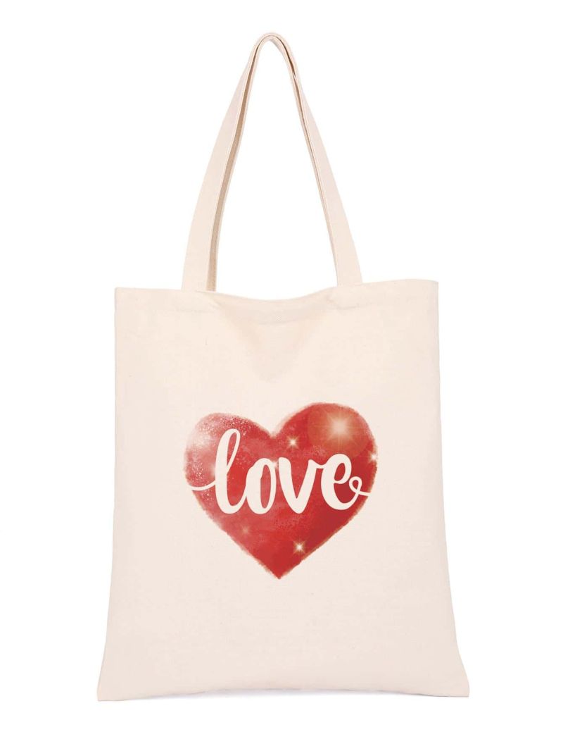 Heart & Letter Graphic Shopper Bag Beige Double Handle Casual