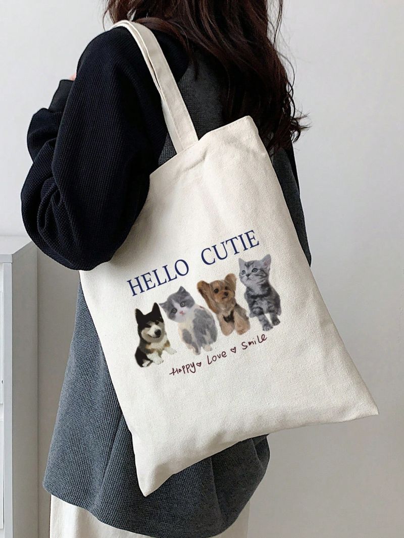 Small Cat & Slogan Graphic Shopper Bag Preppy