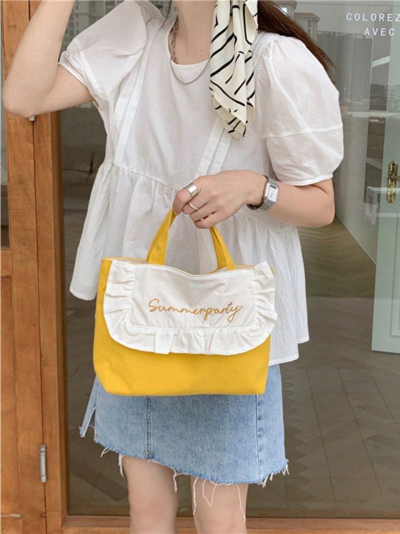 Two Tone Ruffle Trim Flap Square Bag Letter Embroidery