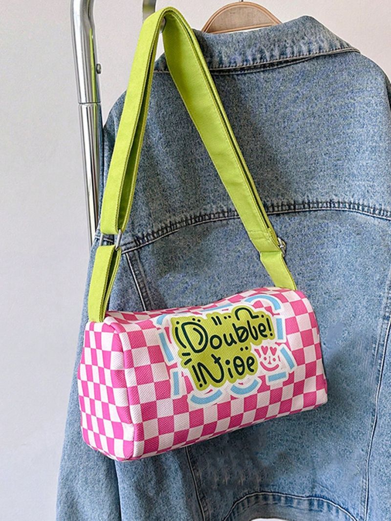 Preppy Bucket Bag Checkered & Letter Graphic Adjustable-strap High-capacity Polyester