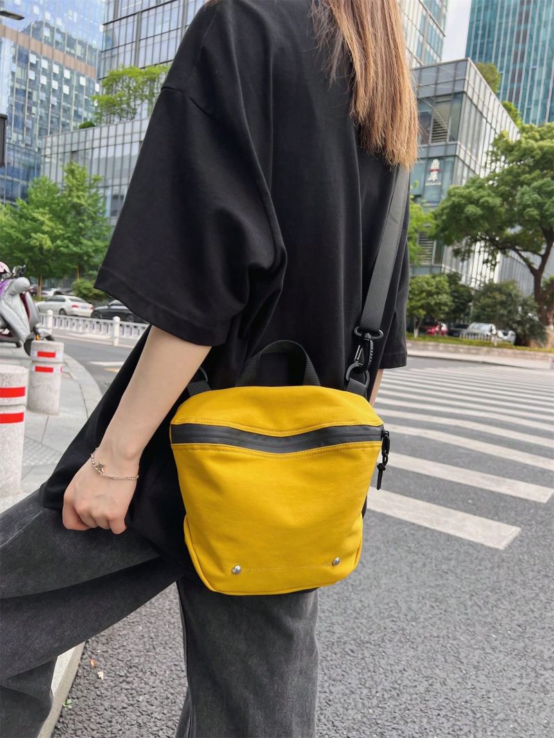 Yellow Crossbody Bag Studded Decor Zipper Adjustable Strap Canvas