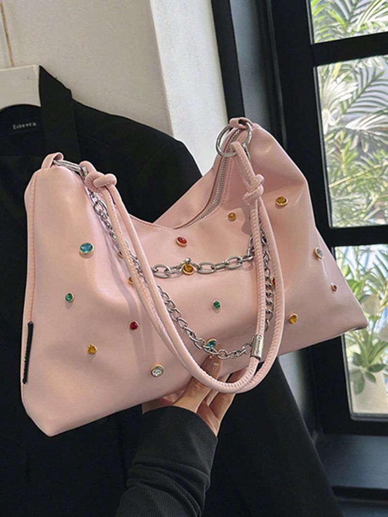 Fashion New Colorful Rhinestone Decor Single Shoulder Bag Simple Casual Women's Commuter Tote Bag