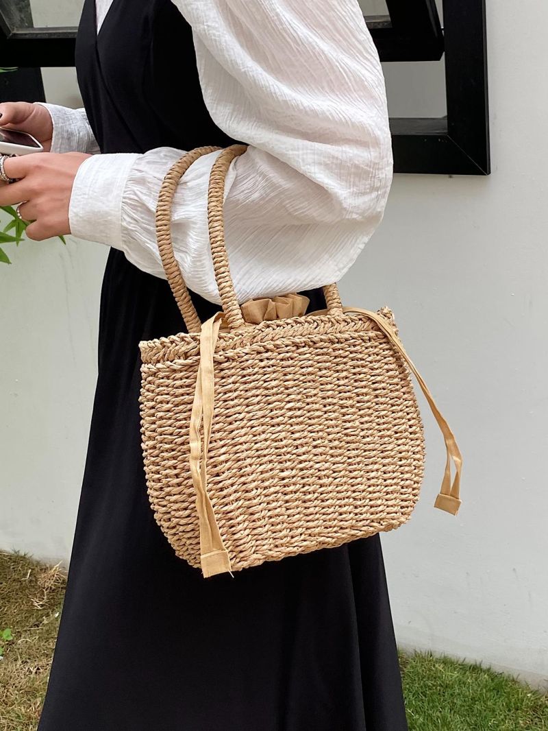 Drawstring Design Straw Bag Vacation Double Handle