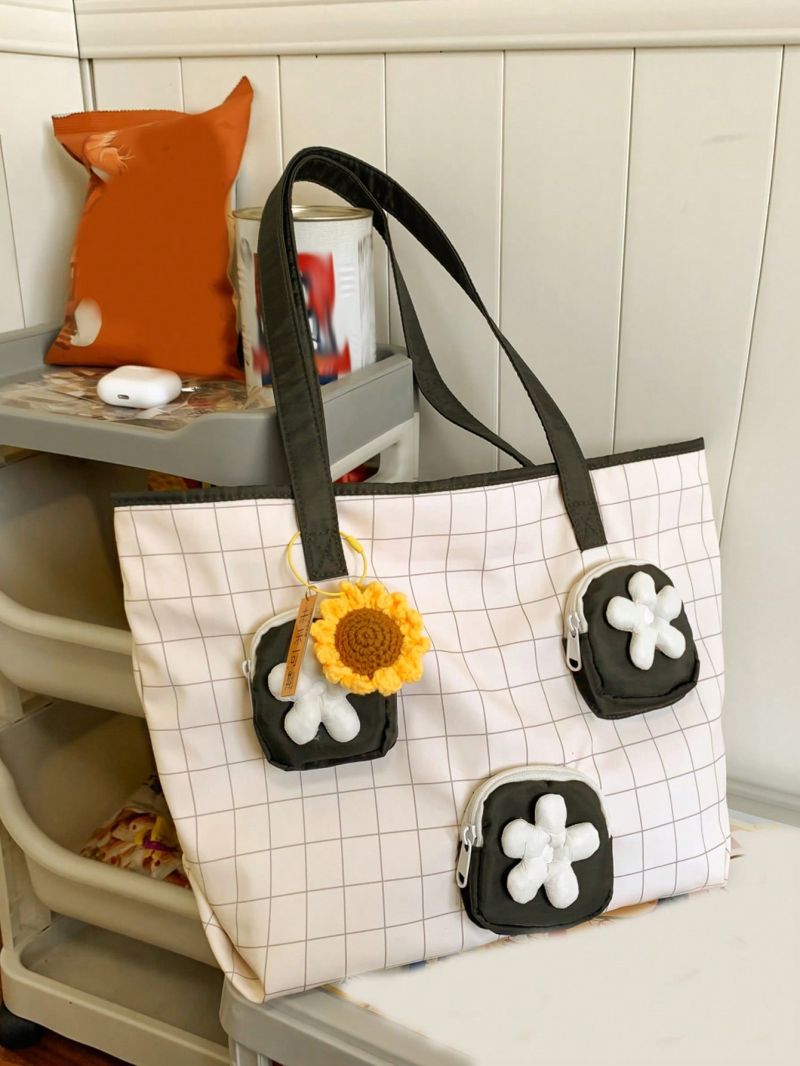 Plaid Pattern Flower Decor Shopper Bag Contrast Binding