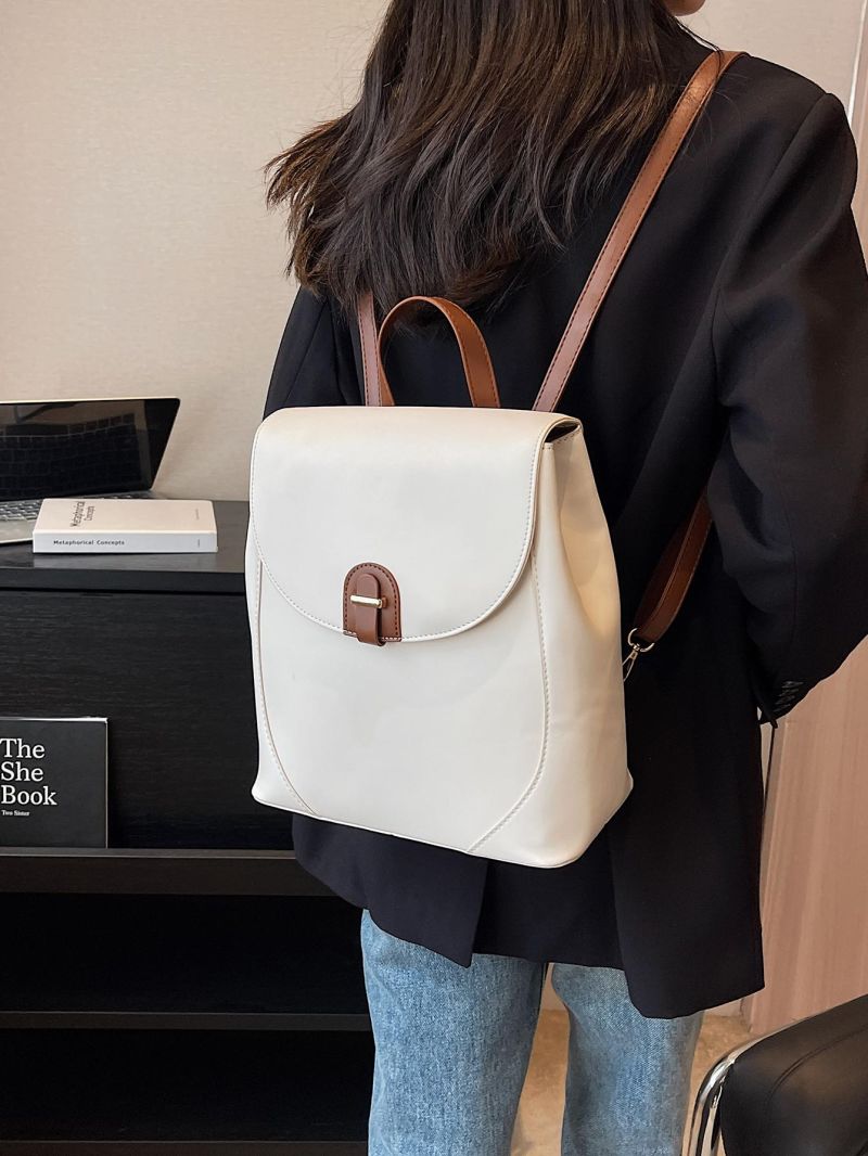 Minimalist Flap Backpack Medium Black Pu Metal Decor