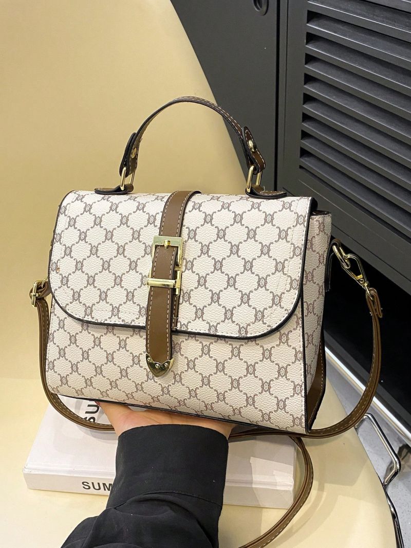 Geometric Pattern Buckle Decor Flap Square Bag Small Top Handle