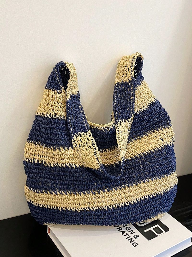 Striped Pattern Straw Bag Colorblock For Vacation