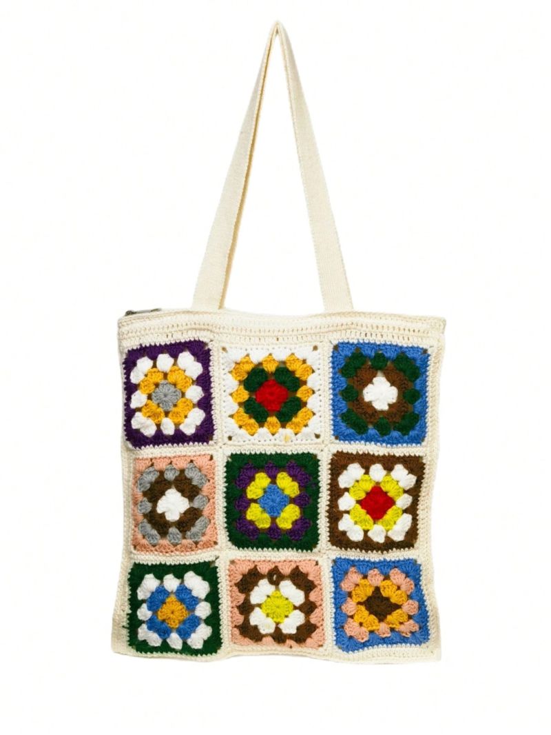 Floral Pattern Crochet Bag Colorblock Fashionable For Vacation