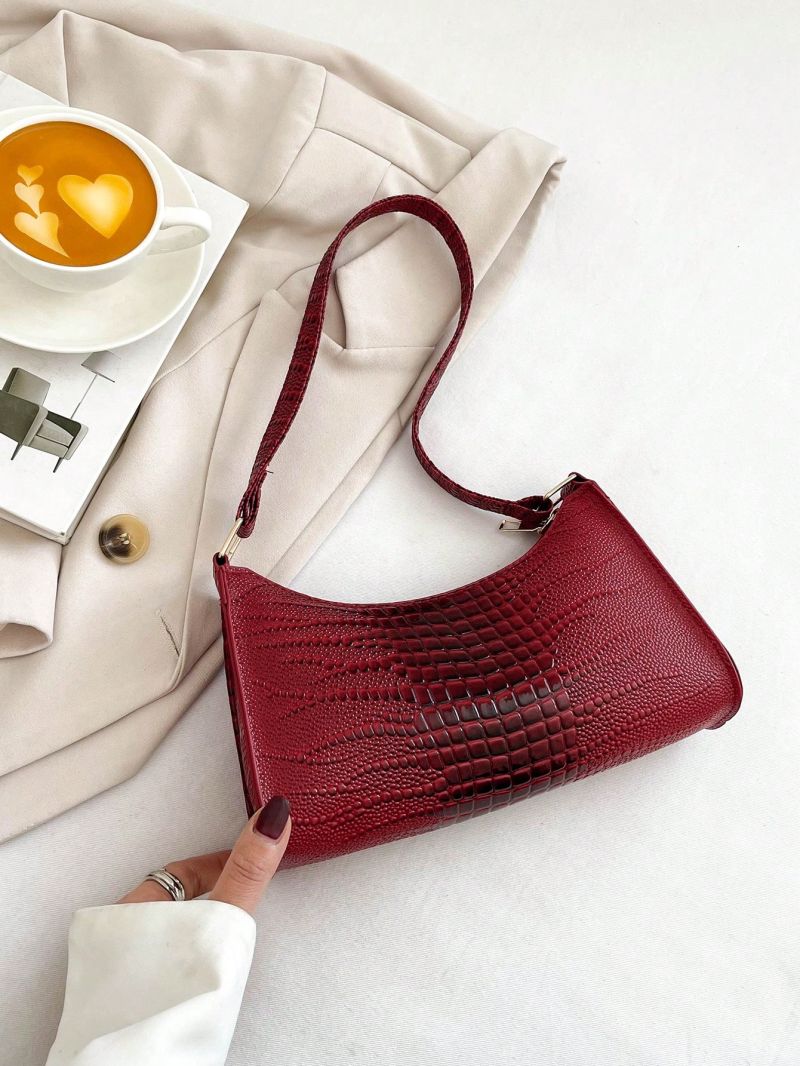 Crocodile Embossed Baguette Bag Khaki Elegant