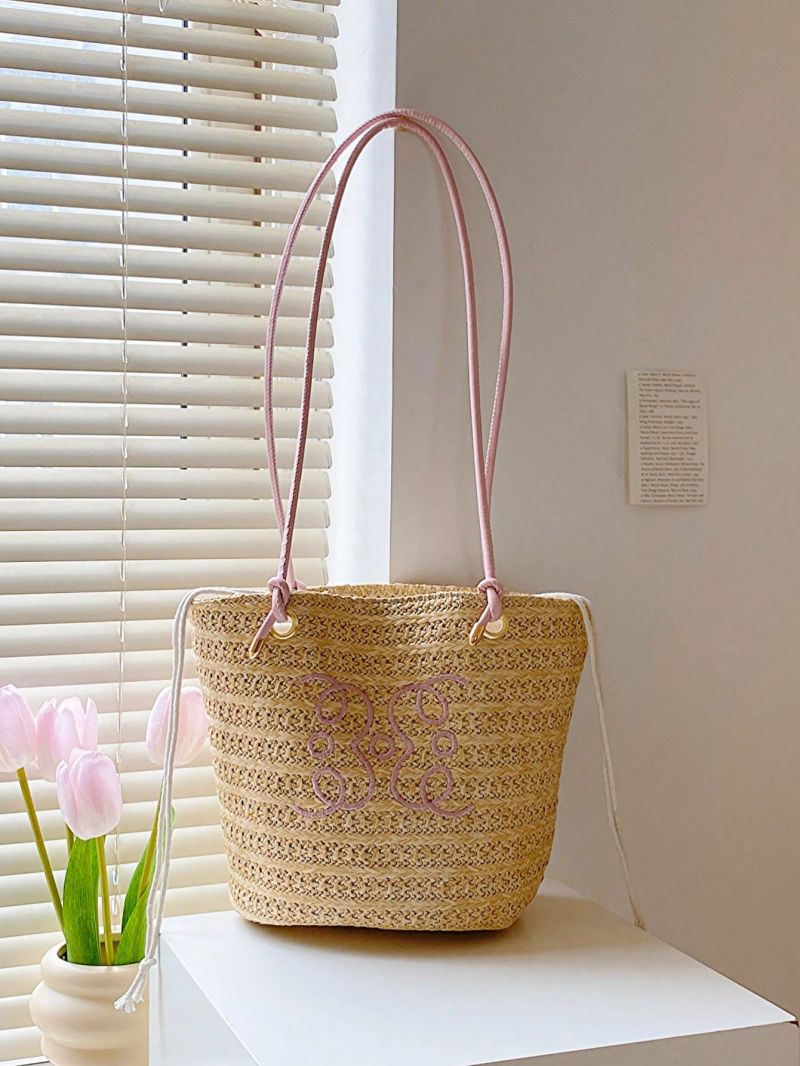 Embroidered Detail Straw Bag Vacation Khaki