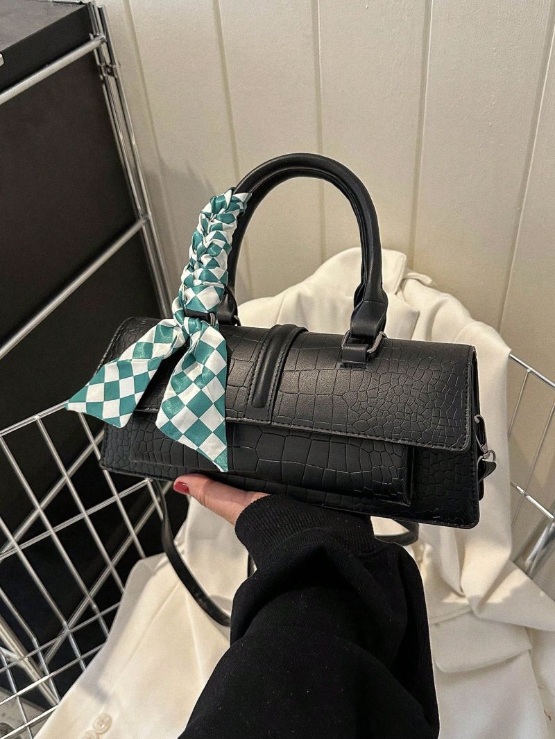 Plaid Twilly Scarf Decor Baguette Bag Crocodile Embossed Flap Fashion PU