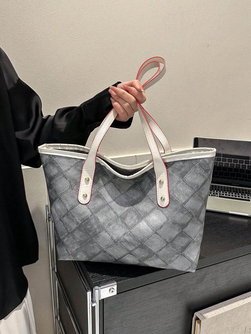 Plaid Pattern Shoulder Tote Bag Contrast Binding PU Fashionable