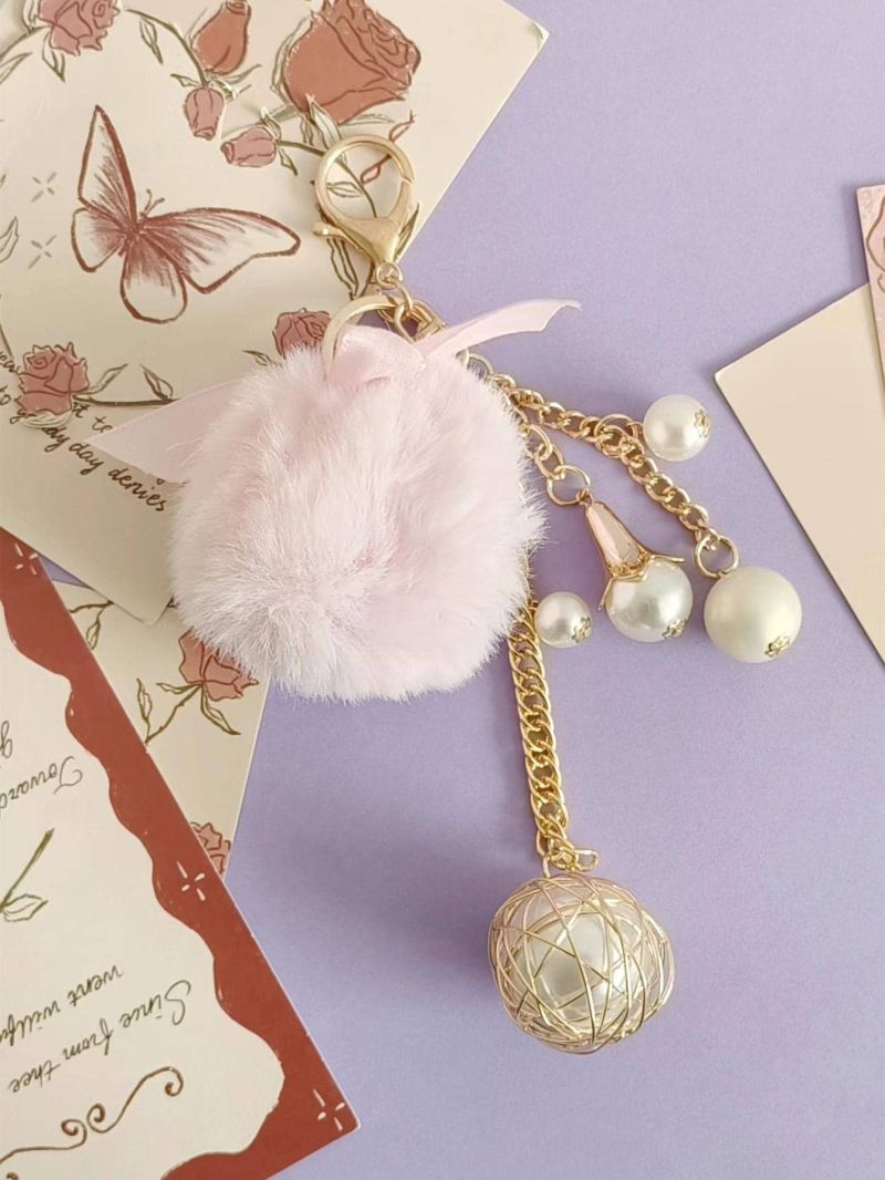 Faux Pearl & Pom Pom Decor Bag Charm Key Chain