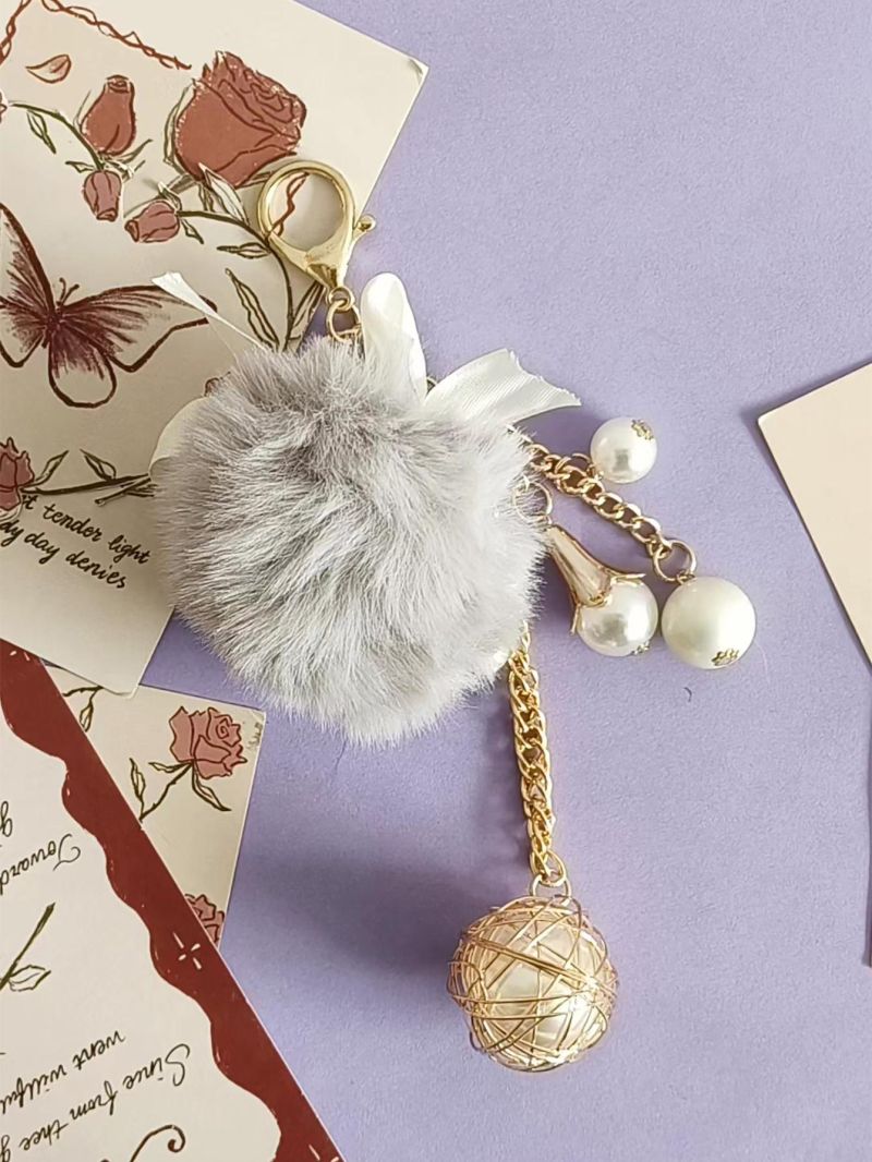 Faux Pearl & Pom Pom Decor Bag Charm Key Chain