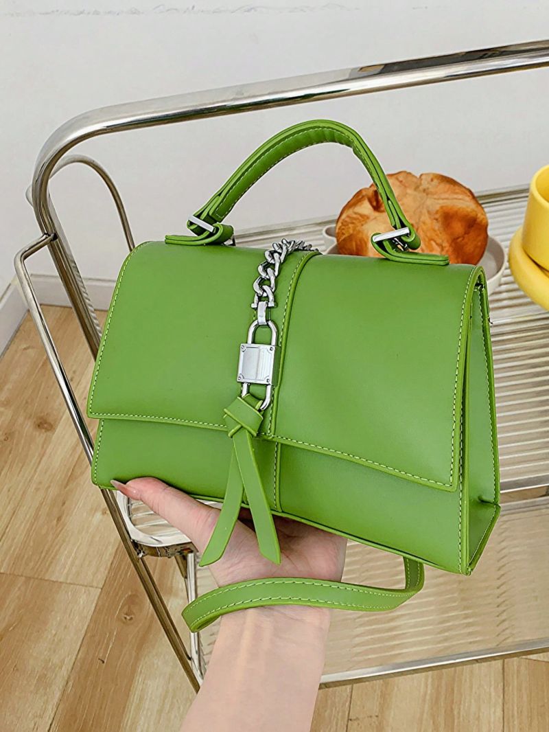 Green Baguette Bag Chain Decor Black Fashionable
