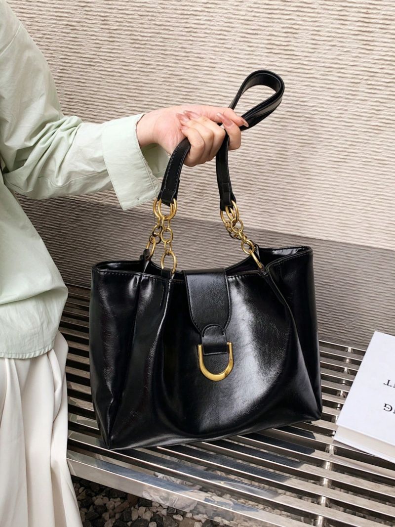 Black Shoulder Tote Bag Metal Decor Fashionable For Daily