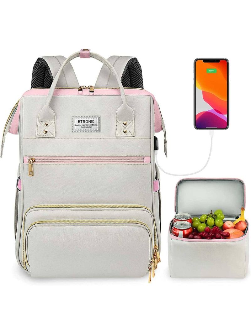 Lunch Backpack for Women, 15.6 Inch Laptop Backpack with USB Port, Grey Pink
