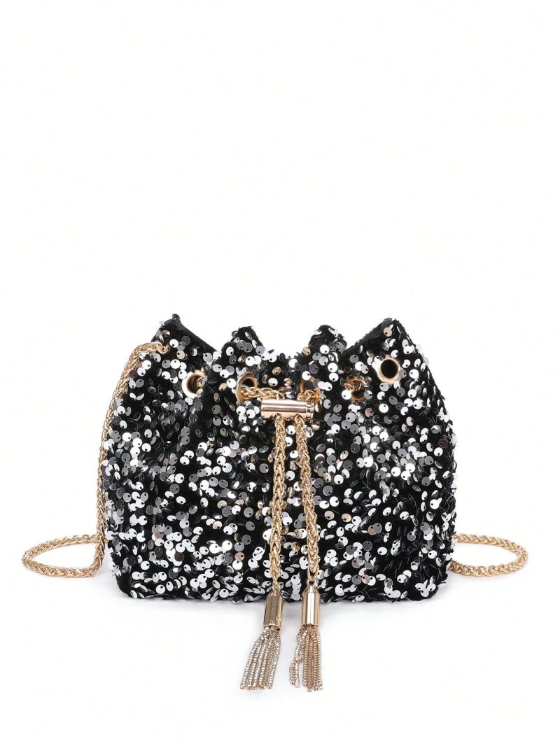 Mini Sequin Decor Bucket Bag Drawstring Design Chain