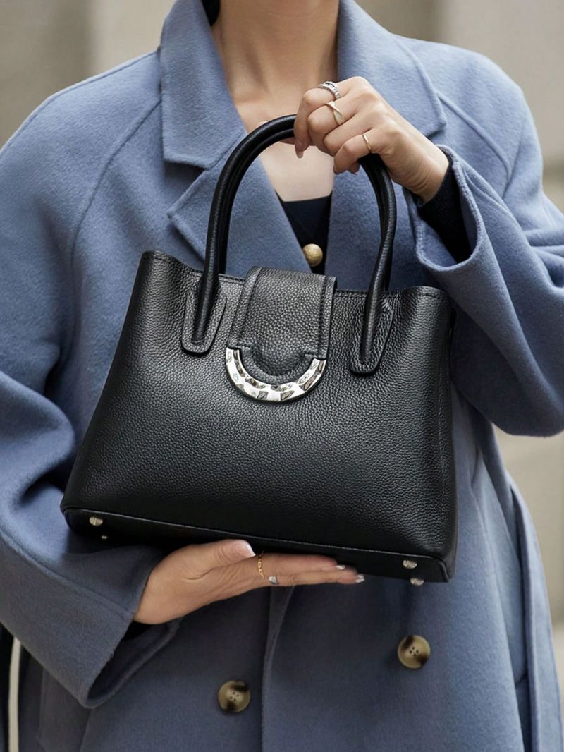 Minimalist Square Bag Double Handle Elegant Style Genuine Leather