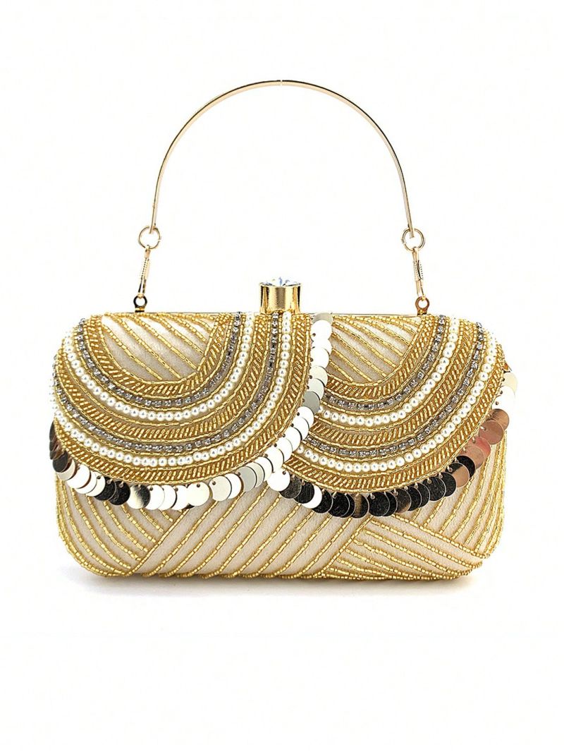 Mini Sequin & Bead Decor Chain Box Bag For Prom, Perfect Bride Purse For Wedding, Prom & Party Events