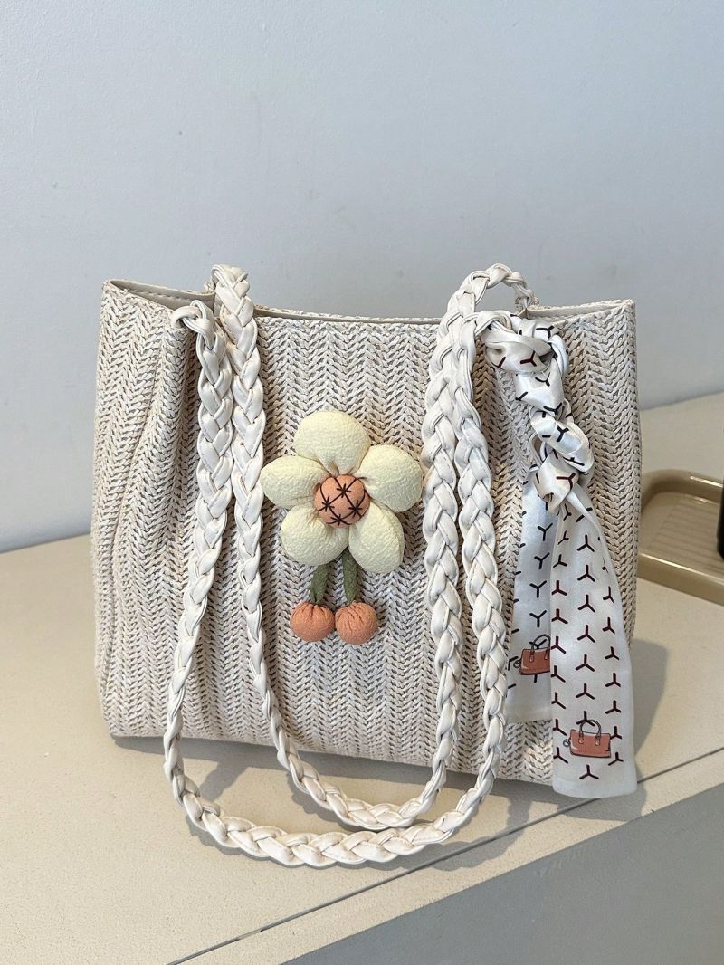 Medium Straw Bag Twilly Scarf & Flower Decor Vacation