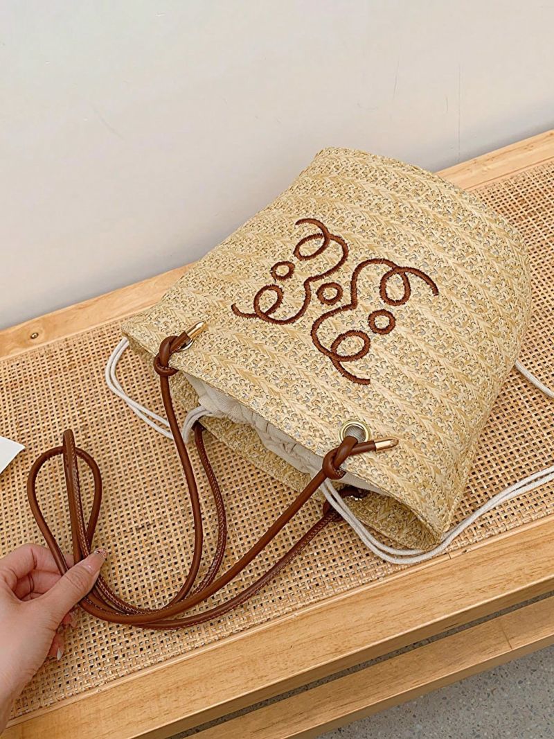 Medium Straw Bag Embroidered Detail Drawstring Design Vacation