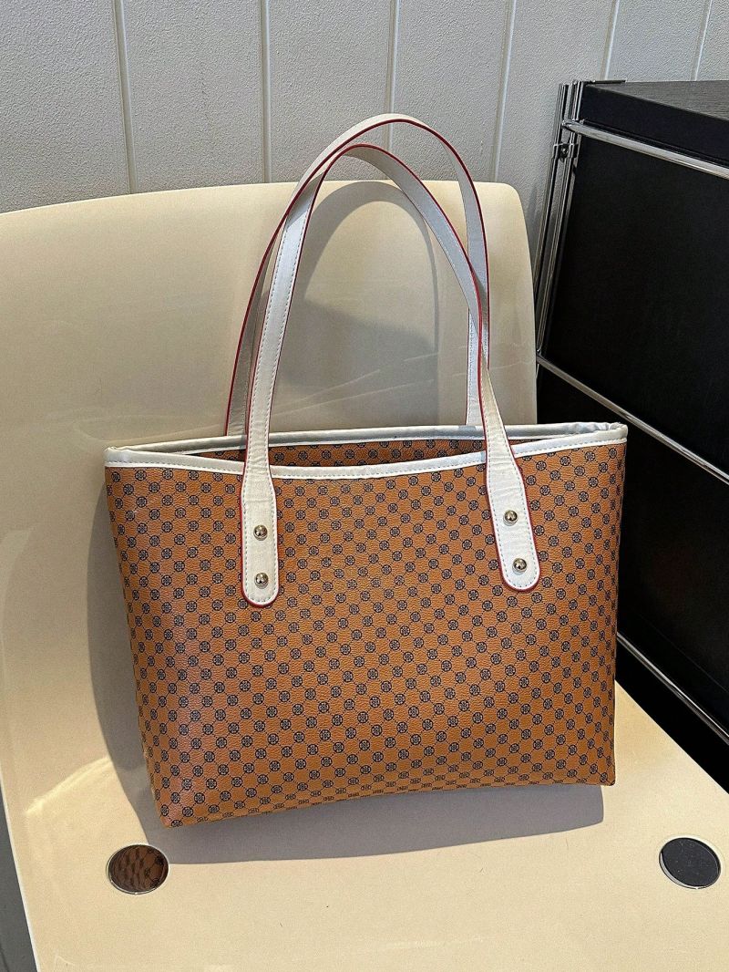 Geometric Pattern Shoulder Tote Bag Contrast Binding