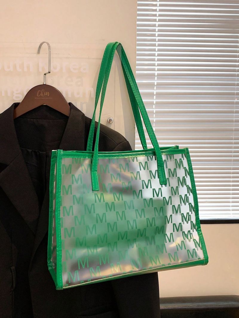 Letter Graphic Beach Bag Green PVC Double Handle With Inner Pouch For Vacation