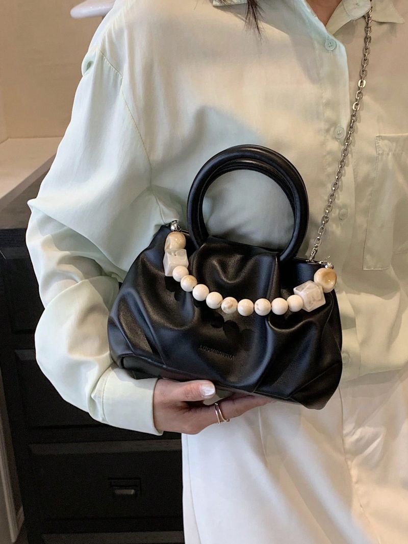 Mini Beaded Decor Chain Ruched Bag Black